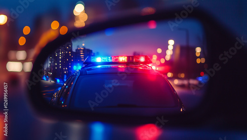 Police car with flashing red and blue lights seen through a car rearview mirror at night