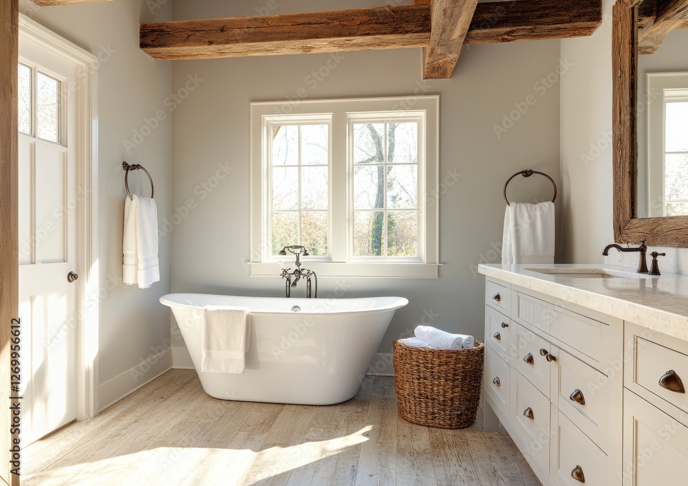 In this tranquil modern farmhouse bathroom, rustic wooden beams, white shiplap walls, and polished concrete floors beautifully blend with sleek fixtures In this tranquil modern farmhouse bathroom, rustic wooden beams, white shiplap walls, and polished concrete floors beautifully blend with sleek fixtures