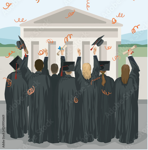 students standing on stage graduation university college diplom traditional celebration ceremony school  robe vector flat illustration school building outside town hall background