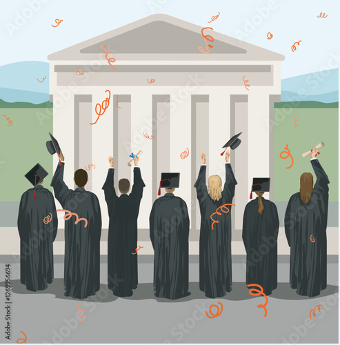 students standing on stage graduation university college diplom traditional celebration ceremony school  robe vector flat illustration school building outside town hall background