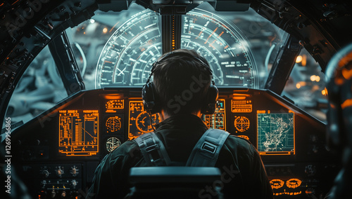 Futuristic aircraft cockpit with digital HUD display and pilot operating advanced flight controls, symbolizing aviation technology, military innovation, and aerospace engineering