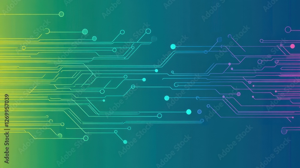Naklejka premium Abstract digital background featuring vibrant circuit lines in shades of blue, green, and purple, evoking a futuristic and technological mood.