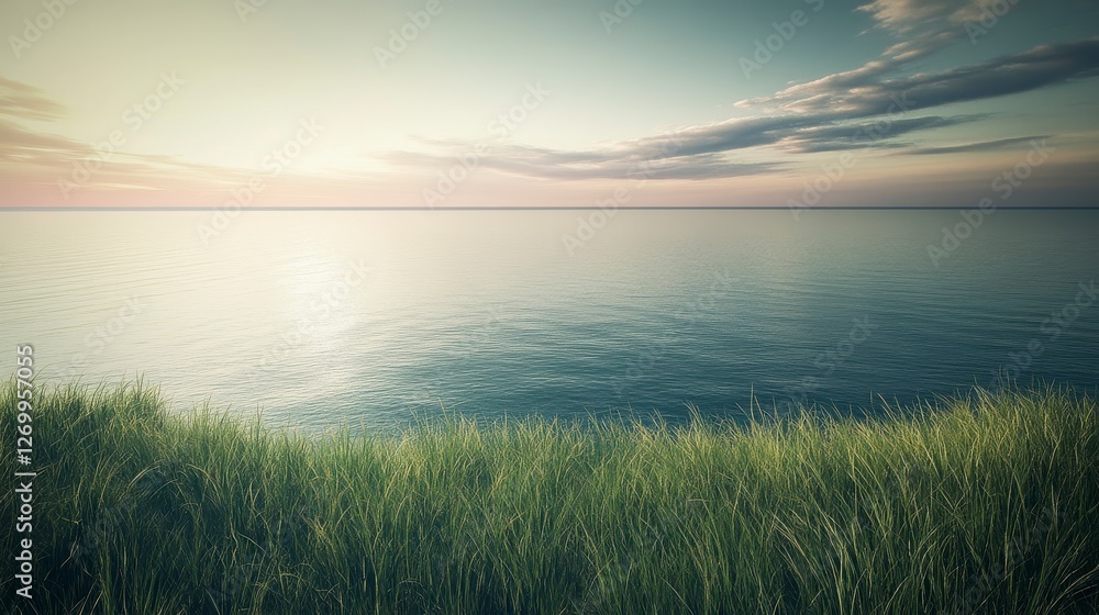 Obraz premium Serene Coastal Sunset View: Lush Grass Meets Tranquil Ocean