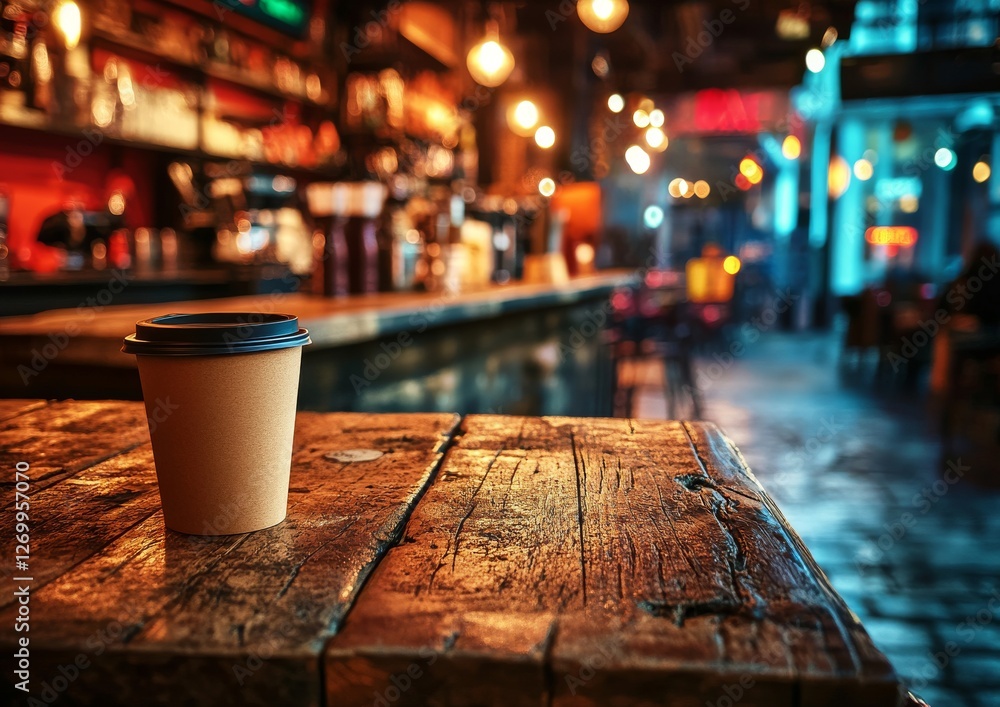 Warm and inviting coffee cup mockup on a blurred background, featuring a paper cup on a wooden surface, ideal for displaying coffee on-the-go promotions Warm and inviting coffee cup mockup on a blurred background, featuring a paper cup on a wooden surface, ideal for displaying coffee on-the-go promotions
