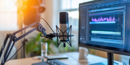 Modern podcast studio setup with microphone and editing software showcased in bright room photo