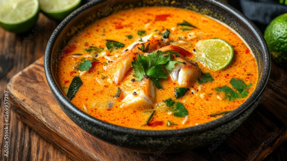 A steaming bowl of vibrant curry laksa brims with soft noodles, fragrant herbs, and spices, nestled in a rich, creamy coconut milk broth A steaming bowl of vibrant curry laksa brims with soft noodles, fragrant herbs, and spices, nestled in a rich, creamy coconut milk broth