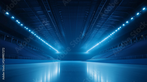 Empty illuminated ice skating arena with dramatic blue futuristic lighting, symbolizing competitive sports, winter games, entertainment, and professional ice rink atmosphere