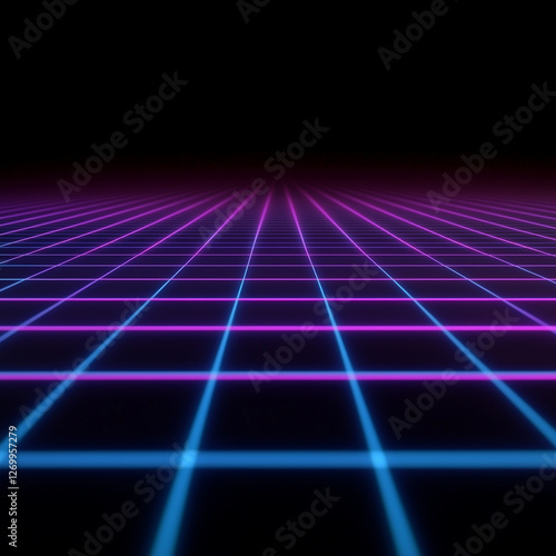 Wallpaper Mural Neon digital wireframe grid floor extending into darkness, retro cyberpunk aesthetic, symbolizing futuristic technology, sci-fi environments, and digital landscapes Torontodigital.ca
