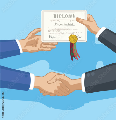 recieving diplom hands shake congratulation graduation university college  traditional celebration ceremony school vector flat illustration isolated on white background