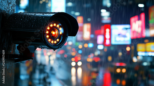 Surveillance camera monitoring city nightlife under rain, symbolizing urban security, crime prevention, privacy concerns, technology, public safety, and modern surveillance systems in metropolitan env photo