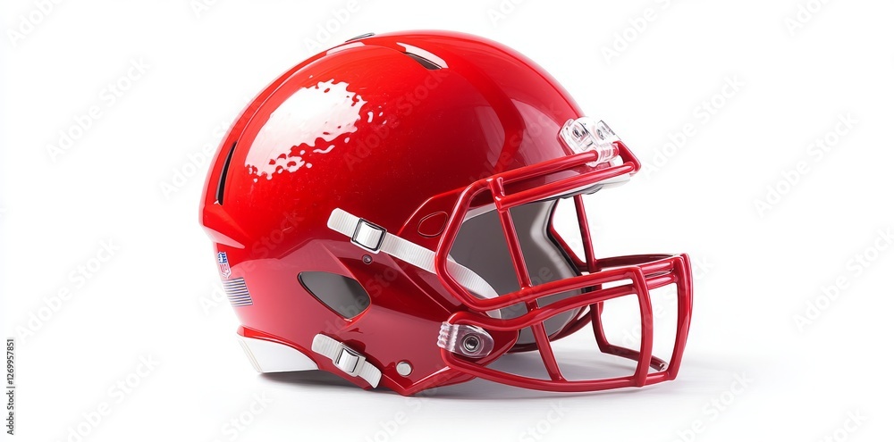 Glossy red football helmet adorned with a black facemask, set against a pristine white backdrop, radiates vibrant colors and a sleek design that embodies American sports pride Glossy red football helmet adorned with a black facemask, set against a pristine white backdrop, radiates vibrant colors and a sleek design that embodies American sports pride
