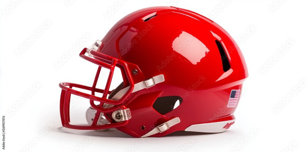 Fototapeta premium An isolated glossy red football helmet featuring a black facemask on a white background showcases vibrant colors and a sleek design, inspiring American sports pride