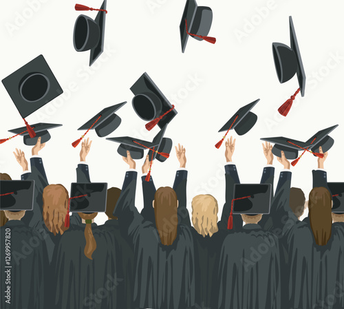 graduation figures standing from behind gestrues throwing caps hats university college diplom traditional celebration ceremony school robe vector flat illustration isolated on white background