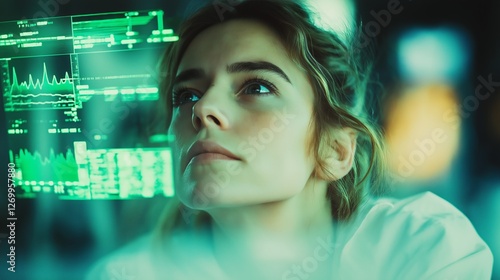 Focused woman analyzing holographic data projections, representing artificial intelligence, future technology, and advanced digital analytics in a high-tech environment, Generative AI photo