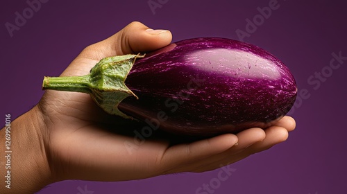 A close-up shot of a strong male hand softly touching a long, curved eggplant, signifying virility, placed against a luxurious, dark purple background, filled with sensuality photo