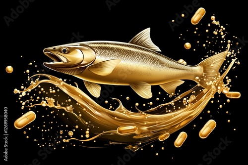 Dark salmon emerging from water with floating omega-3 capsules, representing nutrition, wellness, and the health benefits of essential fatty acids, Generative AI photo