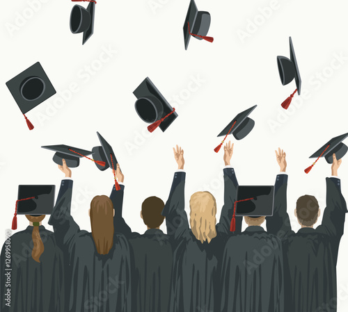 graduation figures standing from behind gestrues throwing caps hats university college diplom traditional celebration ceremony school robe vector flat illustration isolated on white background