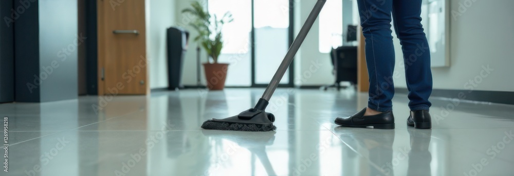 Fototapeta premium Janitor cleaning floor with mop in office corridor