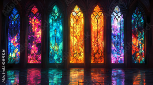 A captivating array of stained glass windows showcasing vibrant colors and intricate designs, illuminating the sacred space. Glass Veil Sorcerers. Illustration photo