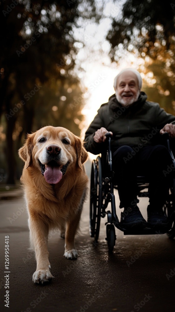 Elderly caucasian male in wheelchair with labrador dog in park at dusk Elderly caucasian male in wheelchair with labrador dog in park at dusk