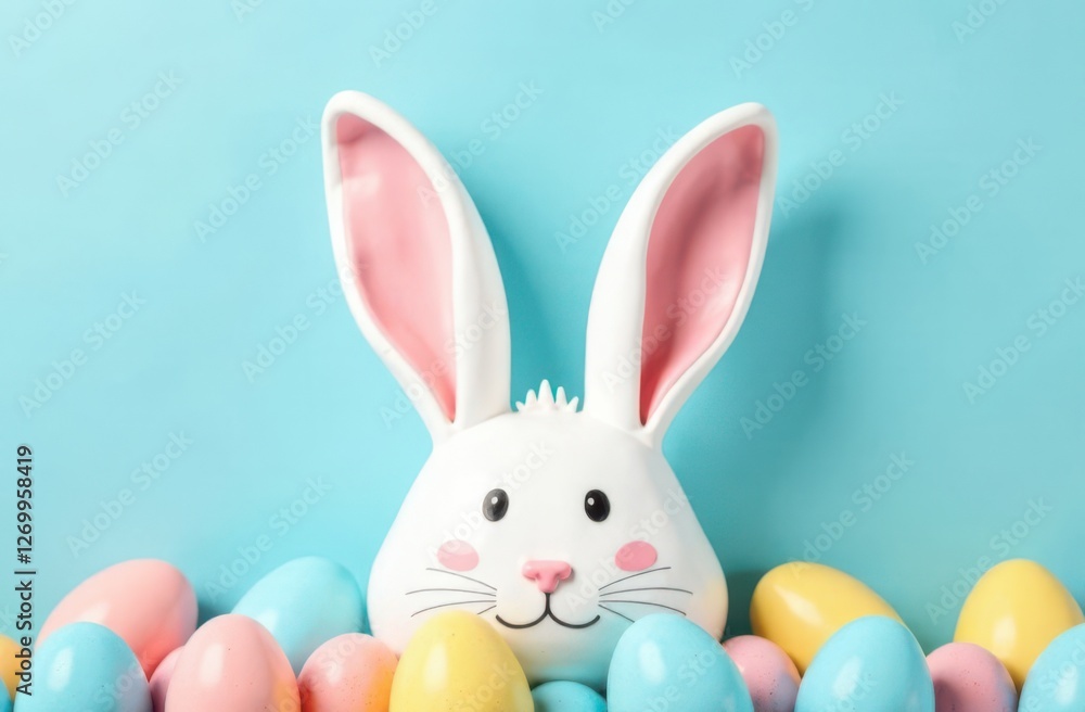 Easter bunny peeking over colorful eggs on light blue background Easter bunny peeking over colorful eggs on light blue background