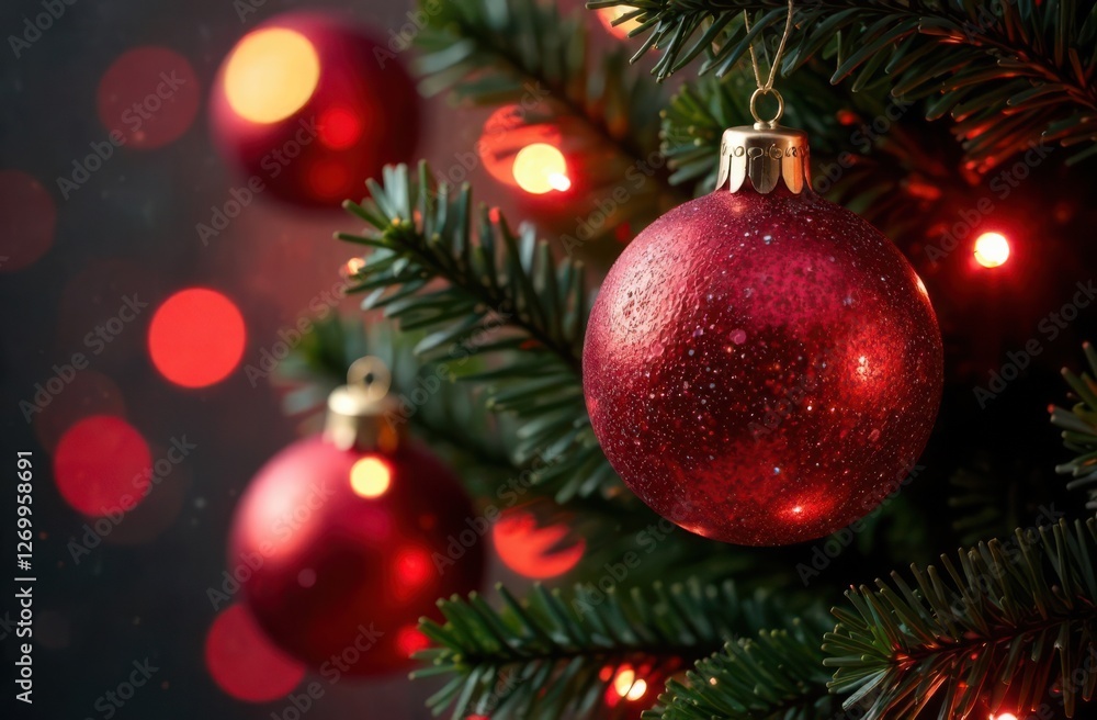 Red christmas ball hanging on christmas tree with lights Red christmas ball hanging on christmas tree with lights