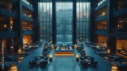 Luxurious hotel lobby with waterfall, evening ambiance, city background photo