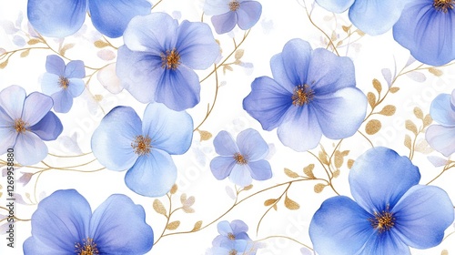 A vibrant floral pattern featuring various shades of blue flowers adorned with golden accents, perfect for elegant designs.