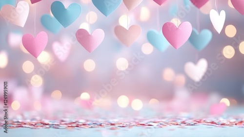 Pastel Hearts Hanging Above Sparkling Confetti