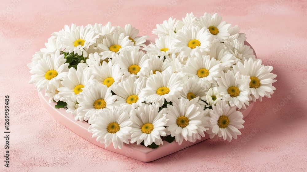 Obraz premium A heart-shaped arrangement of fresh white daisies on a soft pink background, symbolizing love and affection.