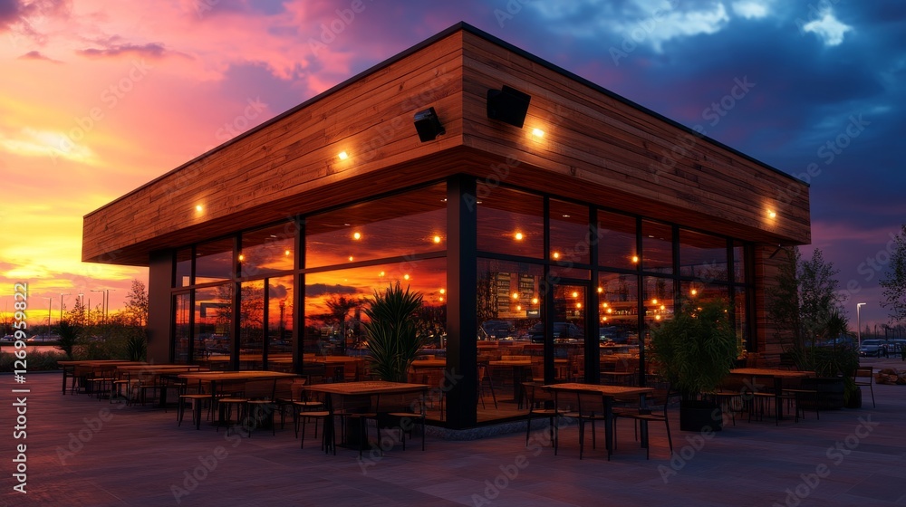 The futuristic fast food joint ascends, its metallic and glass walls aglow with a mesmerizing illumination The futuristic fast food joint ascends, its metallic and glass walls aglow with a mesmerizing illumination