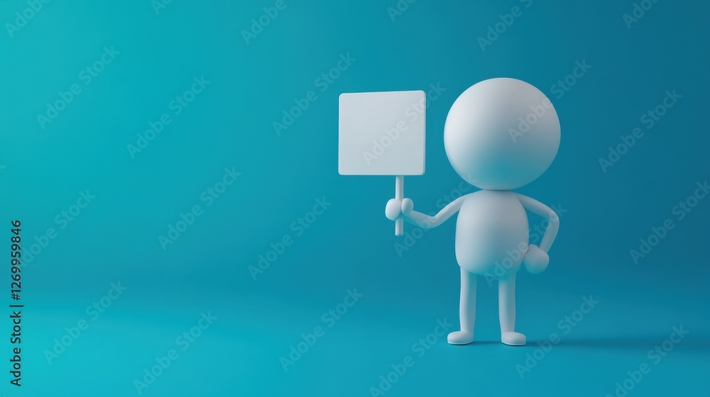 A 3D cartoon character stands confidently against a teal background, holding a blank sign. Perfect for customizable messages and creative presentations. A 3D cartoon character stands confidently against a teal background, holding a blank sign. Perfect for customizable messages and creative presentations.