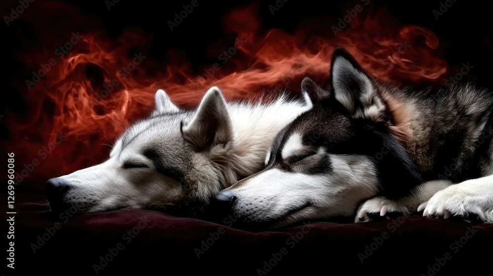 Two sleeping huskies with red smoke background Two sleeping huskies with red smoke background