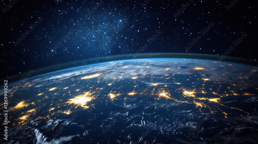 Obraz premium A stunning view of Earth from space at night, showcasing illuminated cities and the curvature of the planet against a backdrop of twinkling stars.