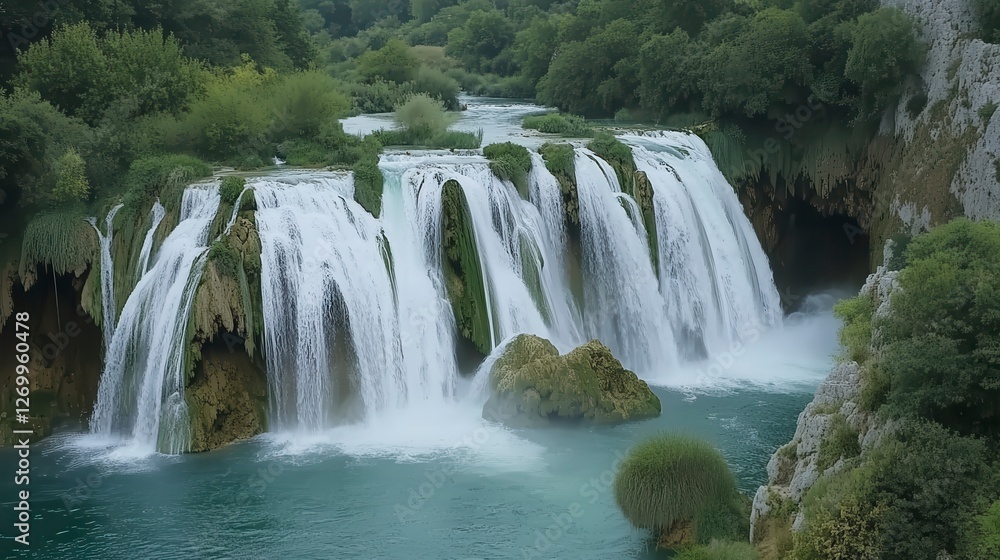 Obraz premium Stunning Waterfall Cascading Through Lush Forest - A Breathtaking Natural Wonder