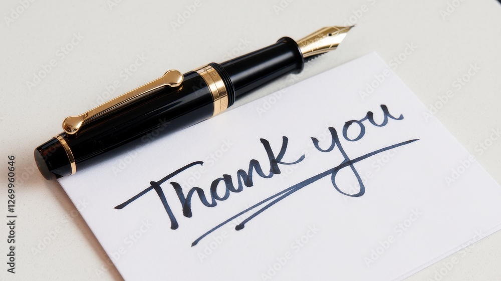 Elegant fountain pen rests above a thank you note Elegant fountain pen rests above a thank you note