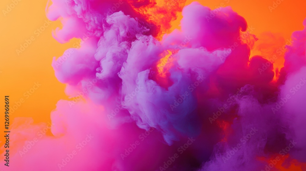 Fototapeta premium A vibrant explosion of colorful smoke swirls in shades of pink and purple against a warm orange backdrop, creating a dynamic and energetic visual display.