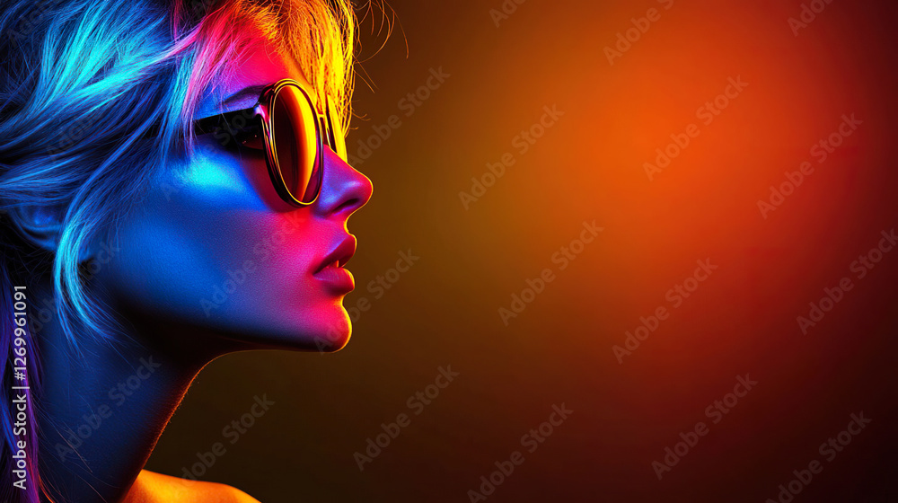 Artistic portrait of a woman with neon blue and red lighting on a gradient background. Generated with AI Artistic portrait of a woman with neon blue and red lighting on a gradient background. Generated with AI
