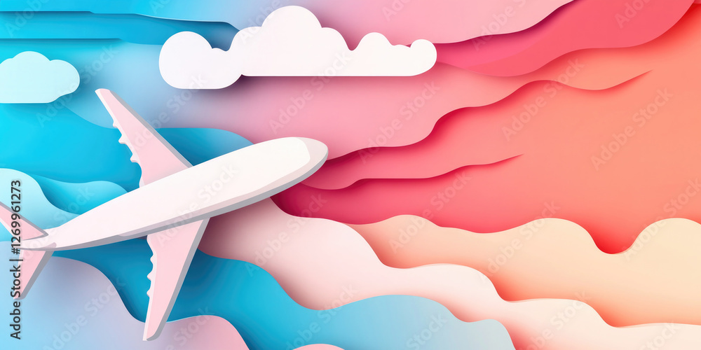 Vibrant travel concept abstract background featuring airplane and clouds in colorful sky design for creative projects Vibrant travel concept abstract background featuring airplane and clouds in colorful sky design for creative projects