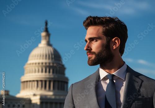 Confident businessman in a suit standing in front of the US Capitol, politics and leadership concept photo