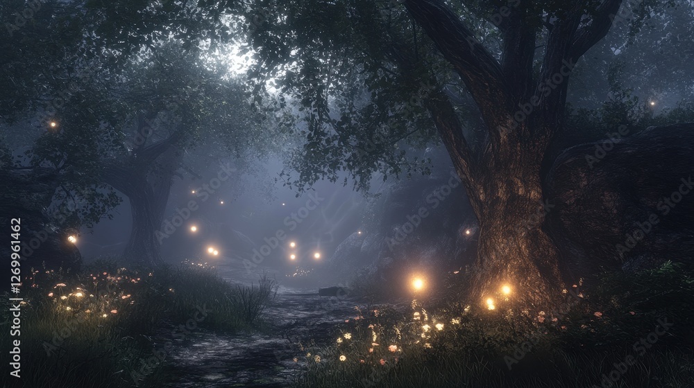 A serene enchanted forest scene with glowing orbs illuminating the pathway, surrounded by lush greenery and misty ambiance. A serene enchanted forest scene with glowing orbs illuminating the pathway, surrounded by lush greenery and misty ambiance.