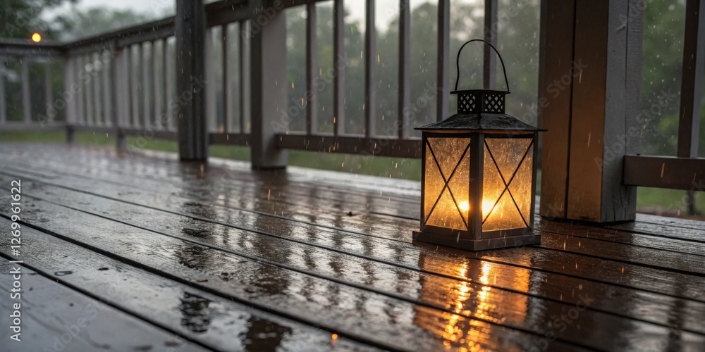 Lantern glowing softly on a wooden porch during a rainy evening
