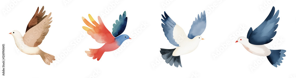 Obraz premium Flying birds in watercolor style, showcasing various colors and designs, isolated on transparent background.