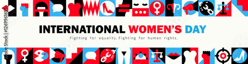 Modern feminist panoramic banner for International Women's Day with human rights geometric icons, personal boundaries signs, equality symbols. Simple header in red, black, blue, white. Bold Minimalism