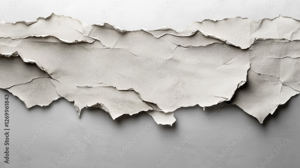 A textured, torn paper background showcasing a mix of soft gray tones and jagged edges, creating a subtle yet artistic atmosphere.