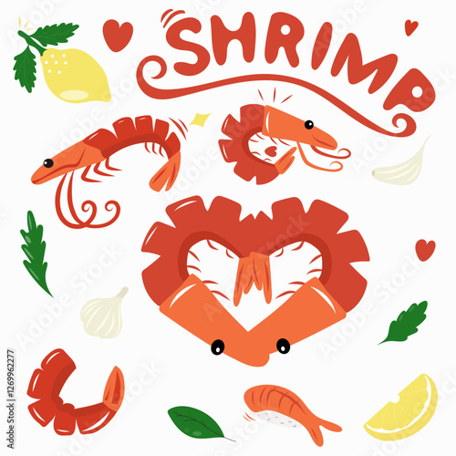 Vector illustration of shrimp in hand-drawn style in the shape of a heart, lemon, arugula, peeled shrimp, lettering
