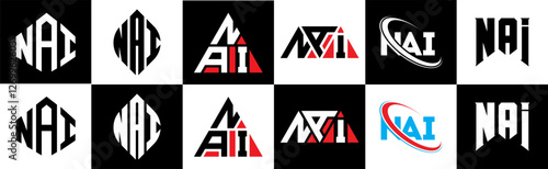 NAI letter logo design in six style. NAI polygon, circle, triangle, hexagon, flat and simple style with black and white color variation letter logo set in one artboard. NAI minimalist and classic logo