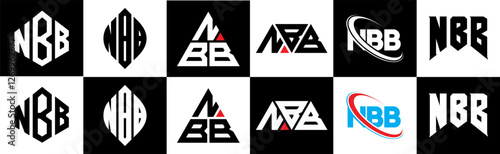 NBB letter logo design in six style. NBB polygon, circle, triangle, hexagon, flat and simple style with black and white color variation letter logo set in one artboard. NBB minimalist and classic logo