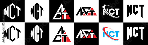 NCT letter logo design in six style. NCT polygon, circle, triangle, hexagon, flat and simple style with black and white color variation letter logo set in one artboard. NCT minimalist and classic logo