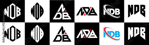 NDB letter logo design in six style. NDB polygon, circle, triangle, hexagon, flat and simple style with black and white color variation letter logo set in one artboard. NDB minimalist and classic logo